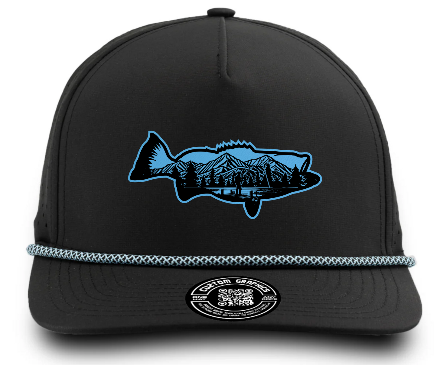 Black custom bass fish hat by Cuztom Graphics with blue fish and mountain design on front