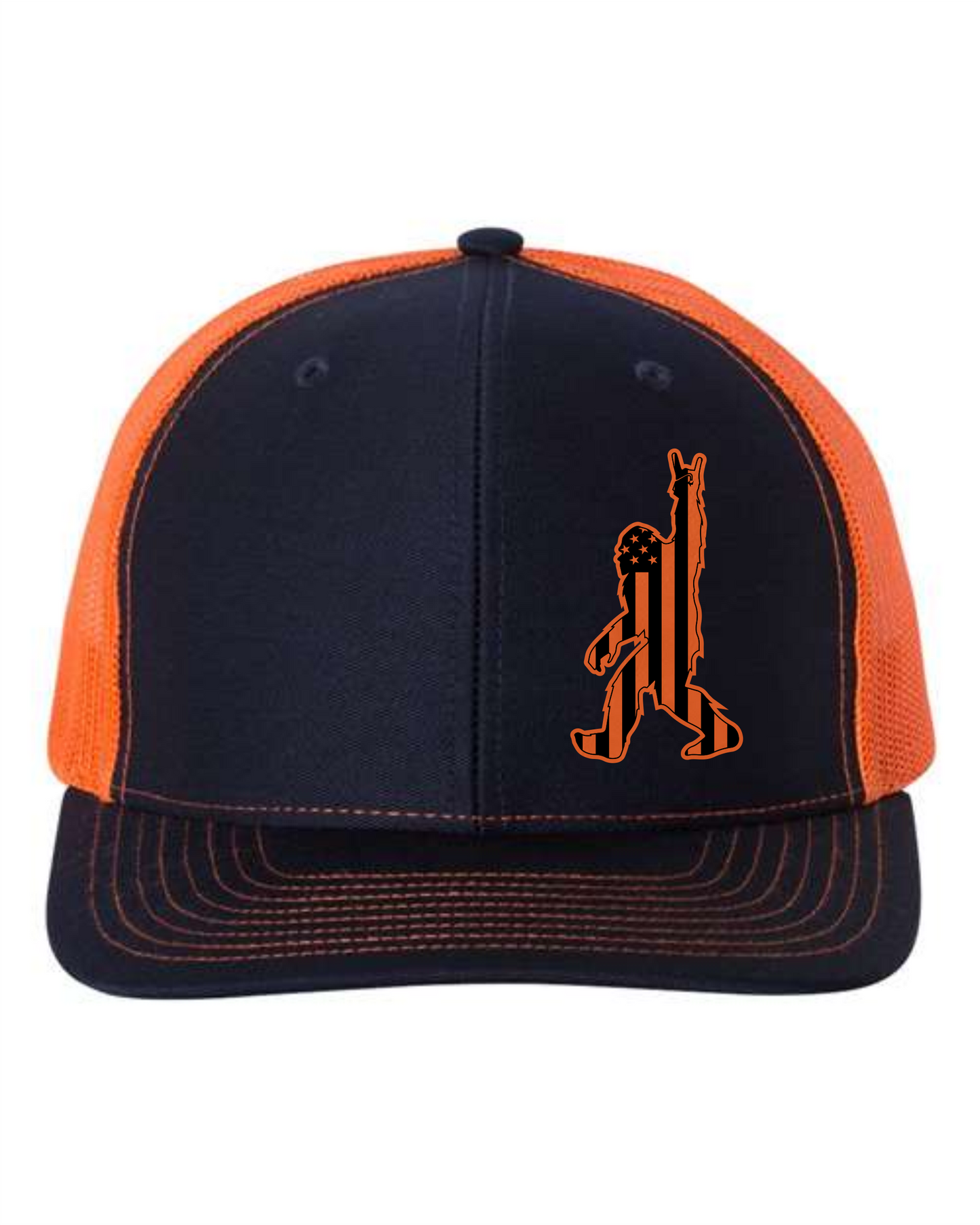 Cuztom Graphics Bigfoot mesh trucker cap in black and orange with patriotic Bigfoot logo