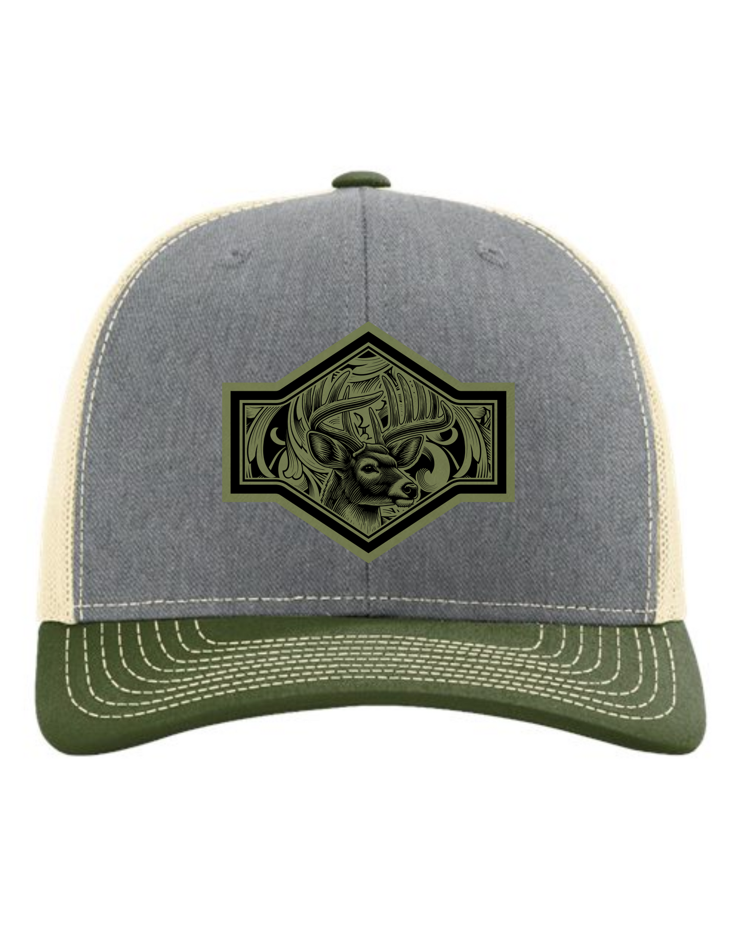 Cuztom Graphics buck trucker hat with gray front, green brim, and deer emblem embroidery