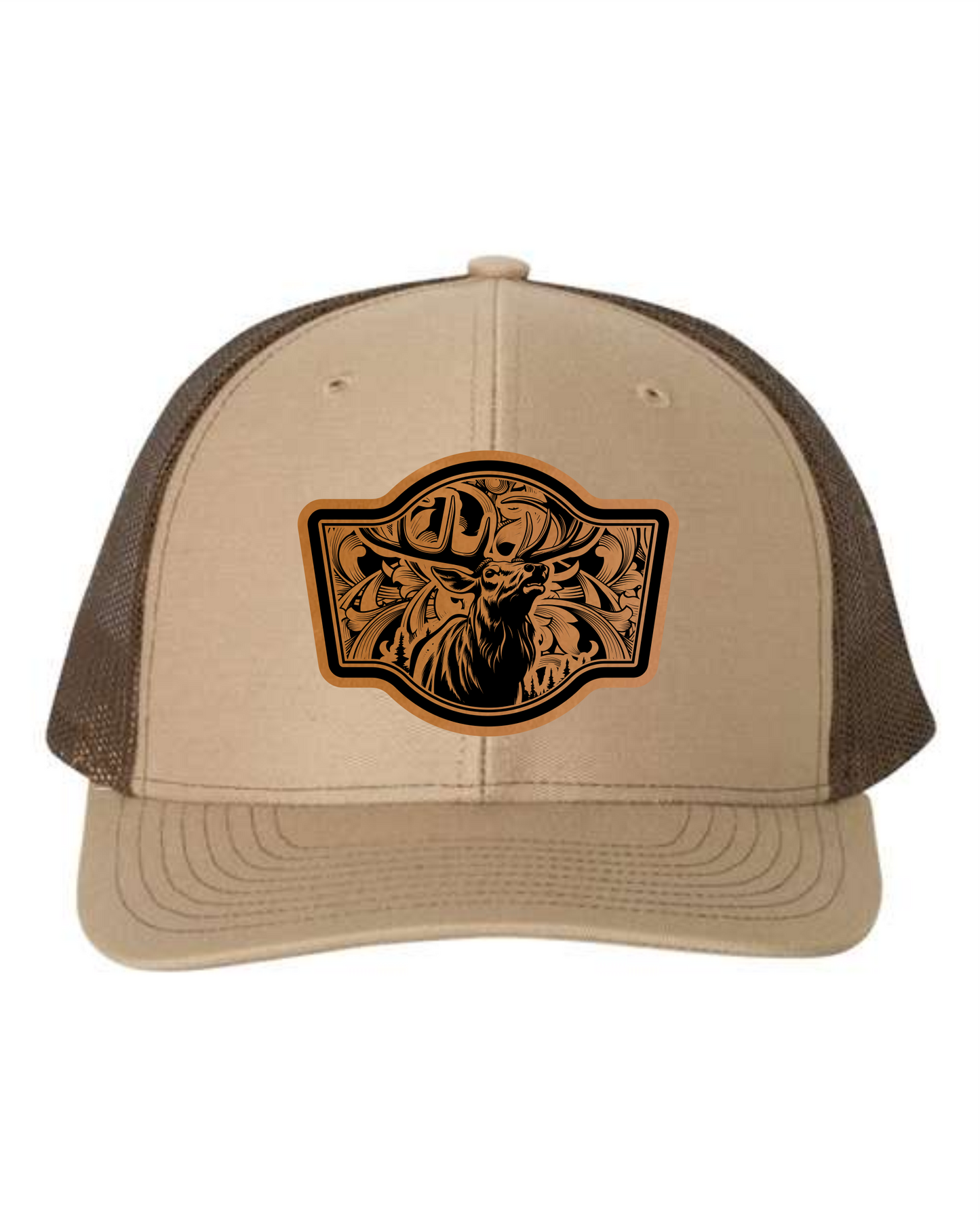 Custom elk hat for men by Cuztom Graphics featuring a brown mesh trucker cap with elk design patch