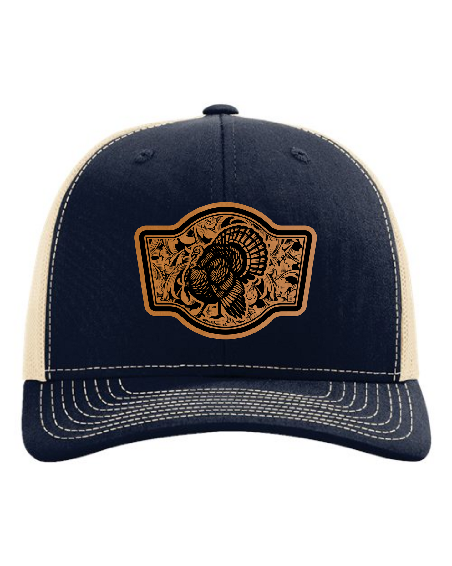 Cuztom Graphics custom turkey hunting hats with black front and beige mesh back featuring turkey emblem