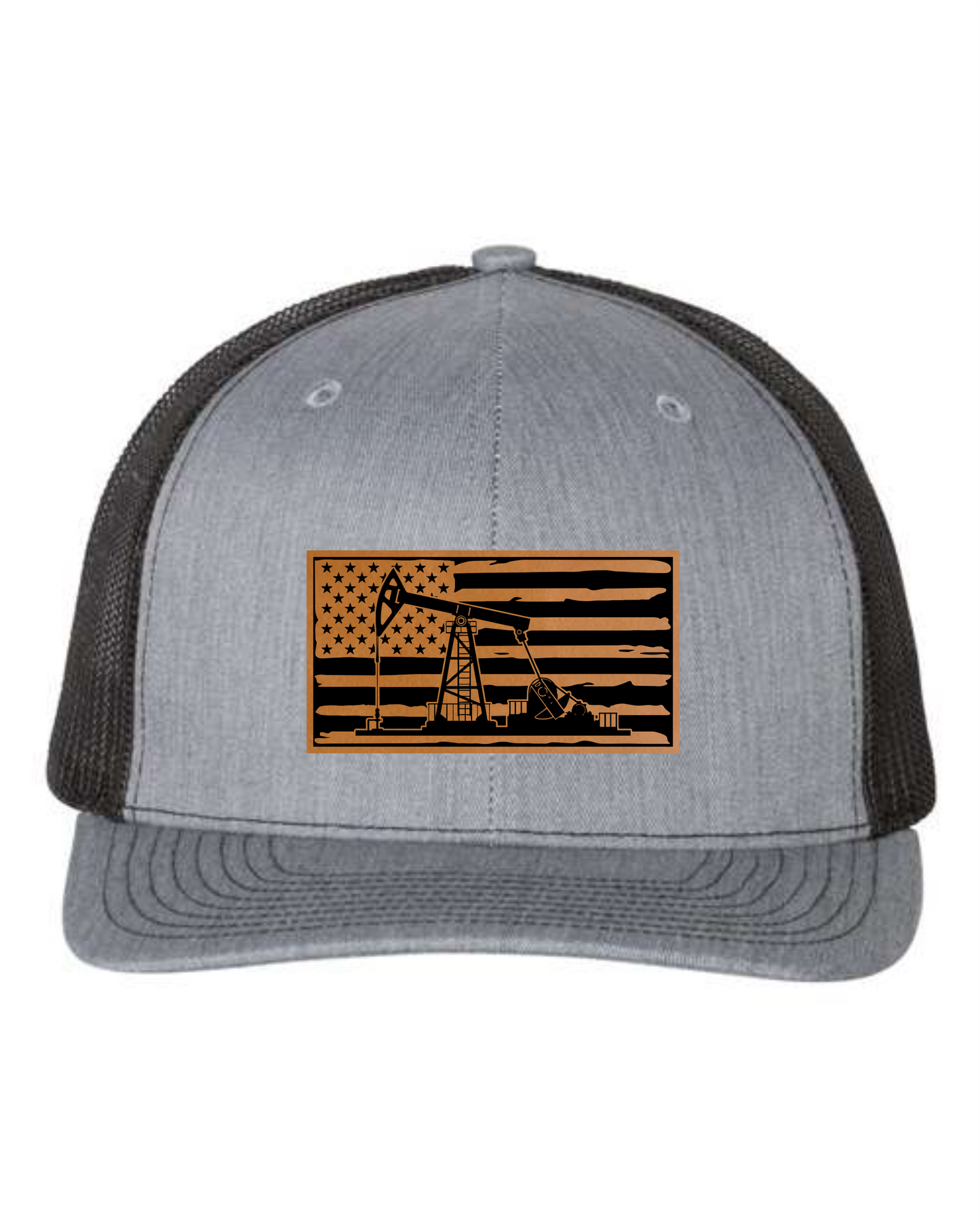 Gray and black Cuztom Graphics oil well trucker hat with oil rig and American flag design