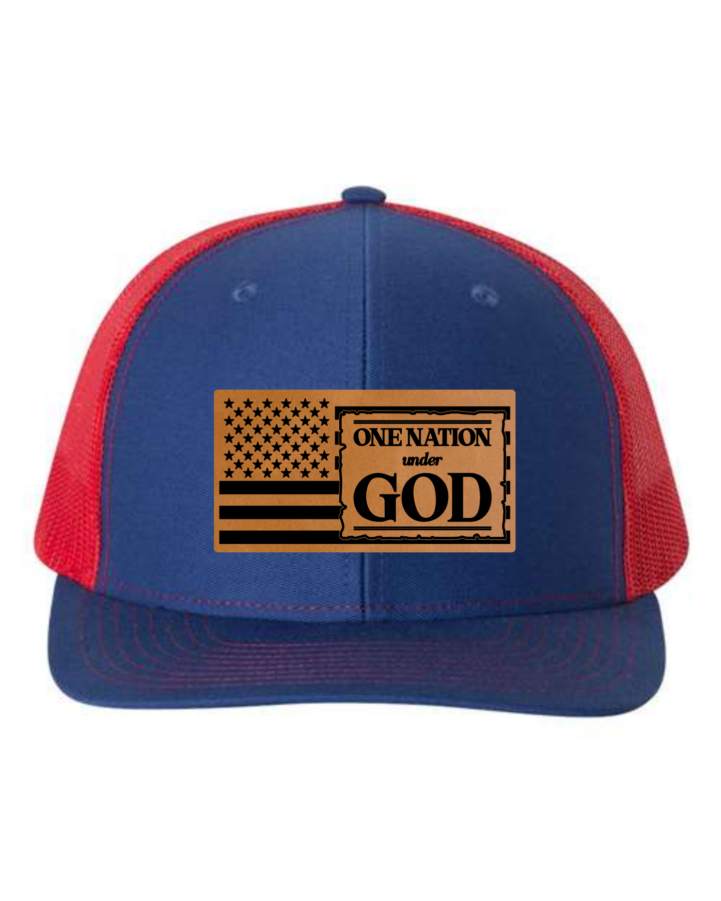 One Nation under God cap by Cuztom Graphics with blue front and red mesh back