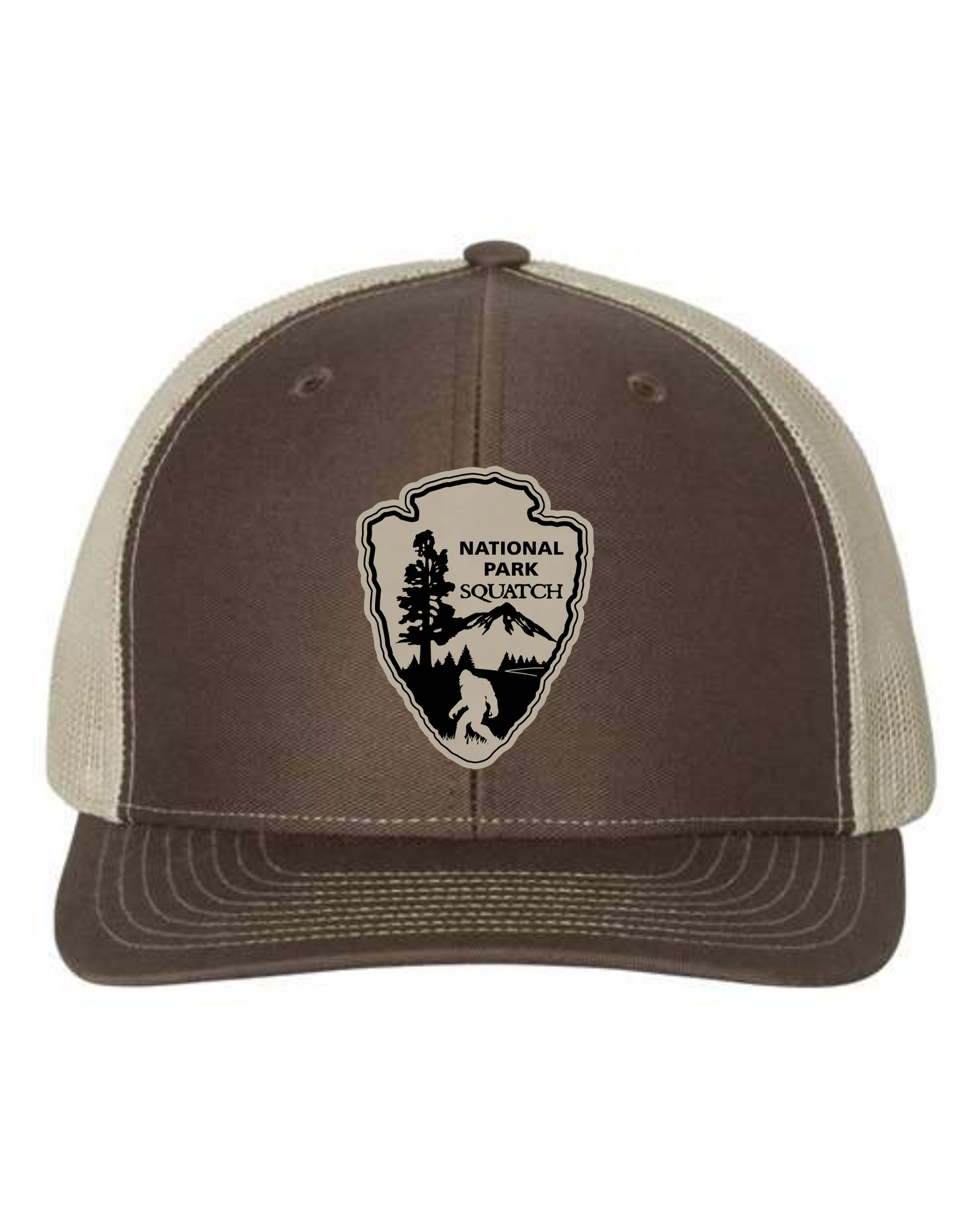 Cuztom Graphics sasquatch trucker hat with brown front and beige mesh back featuring National Park Sasquatch emblem