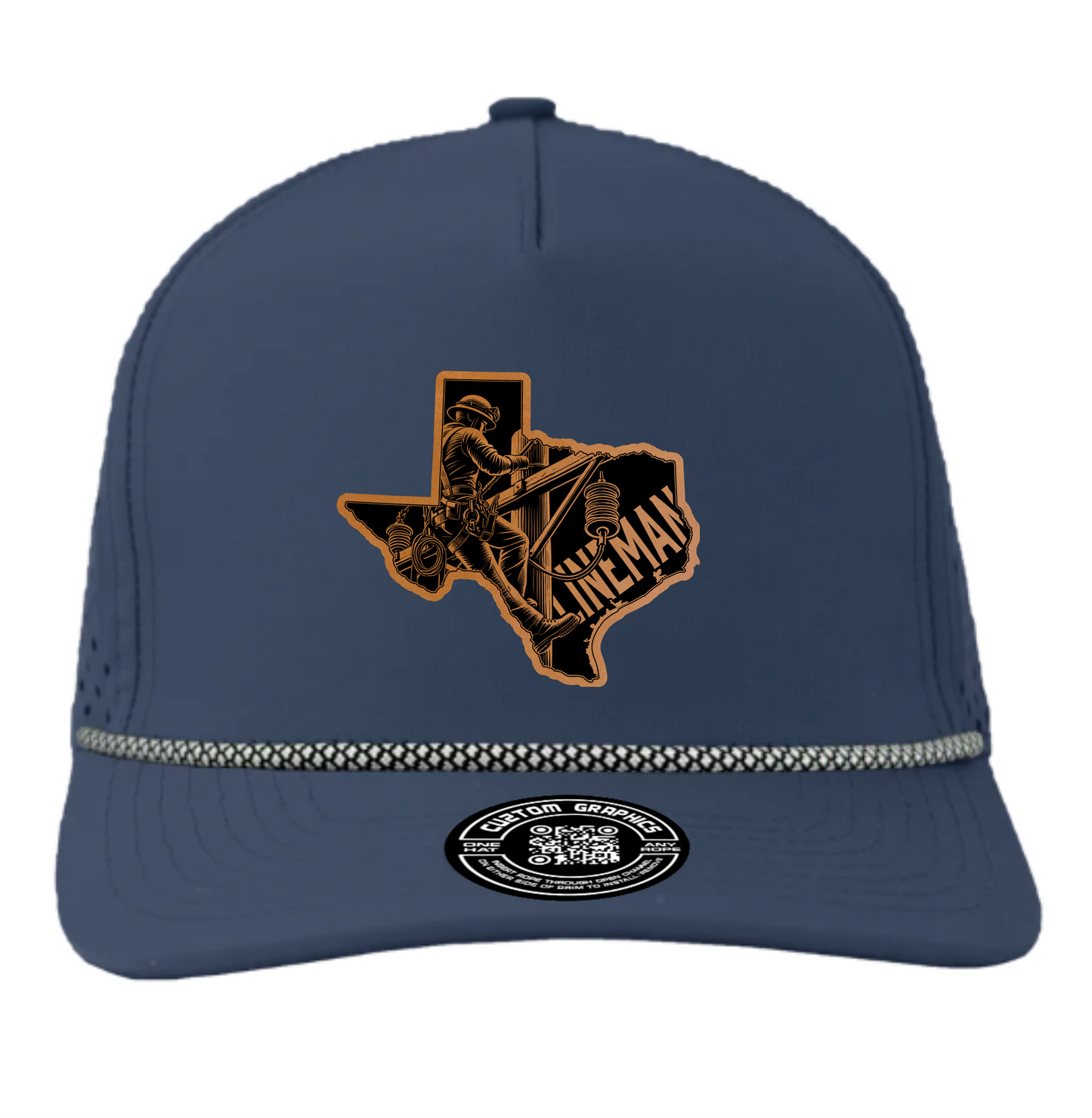 Cuztom Graphics navy blue Texas lineman hat with rope detail and lineman design patch