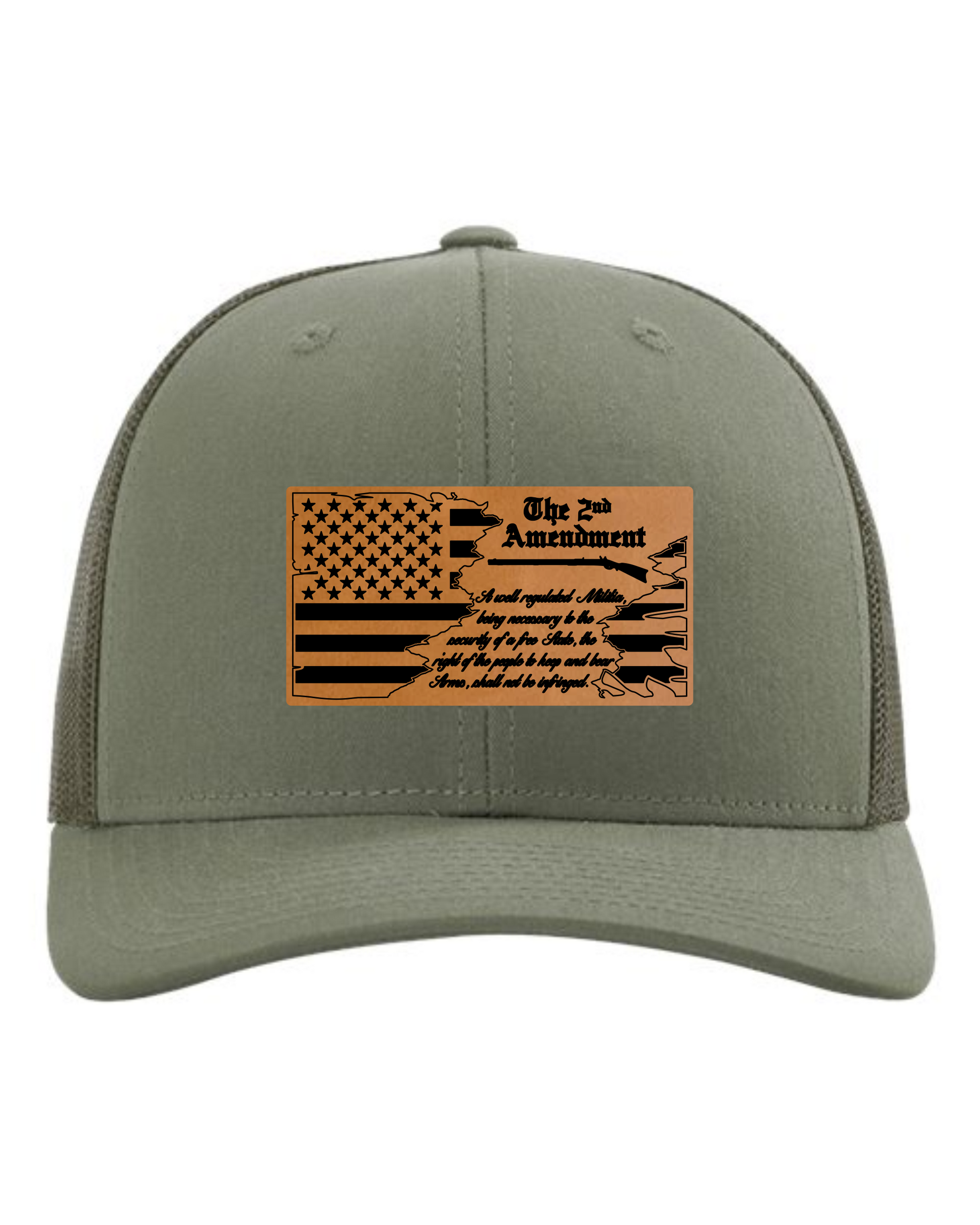 Cuztom Graphics custom 2nd Amendment hat in olive green with American flag and text patch