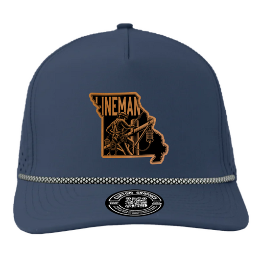 Cuztom Graphics navy custom Arkansas lineman hat with state outline and lineman graphic on front