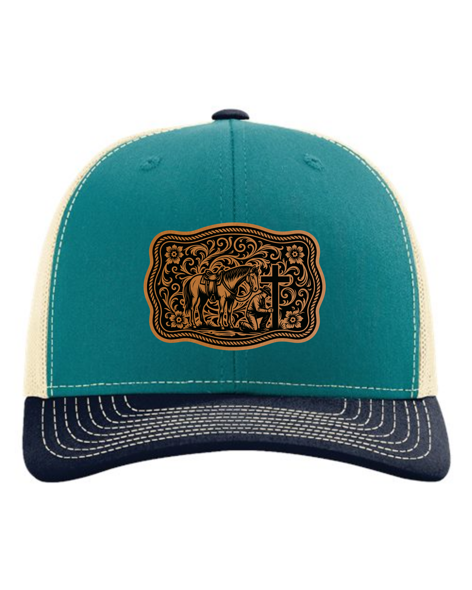 Custom teal and beige hat by Cuztom Graphics with cowboy memorial buckle design on front
