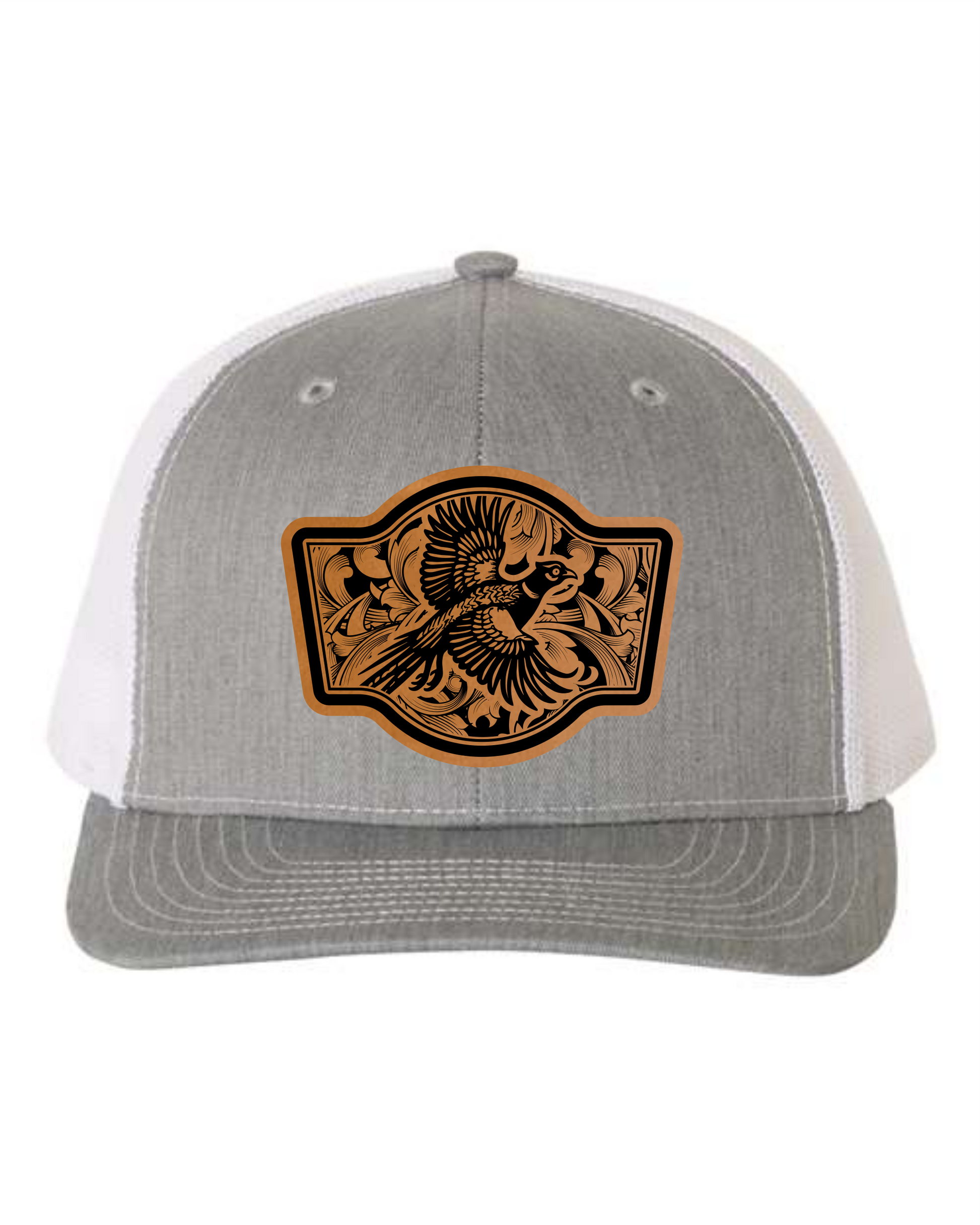 Gray and white custom pheasant hats by Cuztom Graphics with detailed pheasant design patch