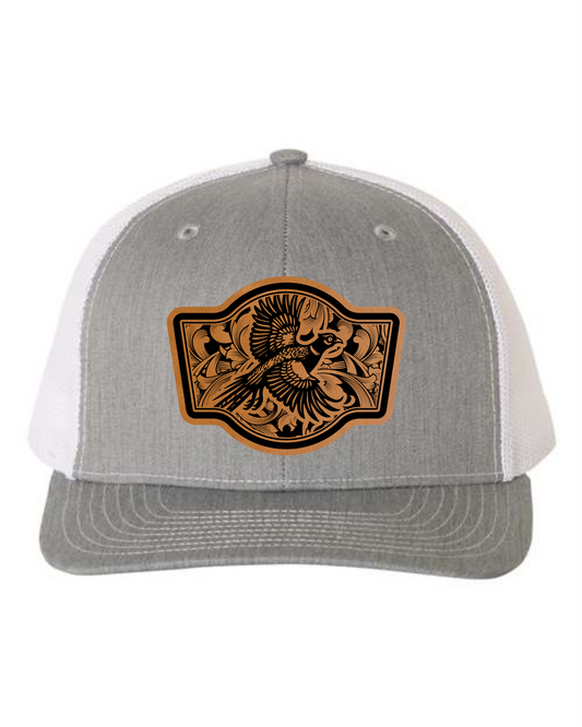 Gray and white custom pheasant hats by Cuztom Graphics with detailed pheasant design patch