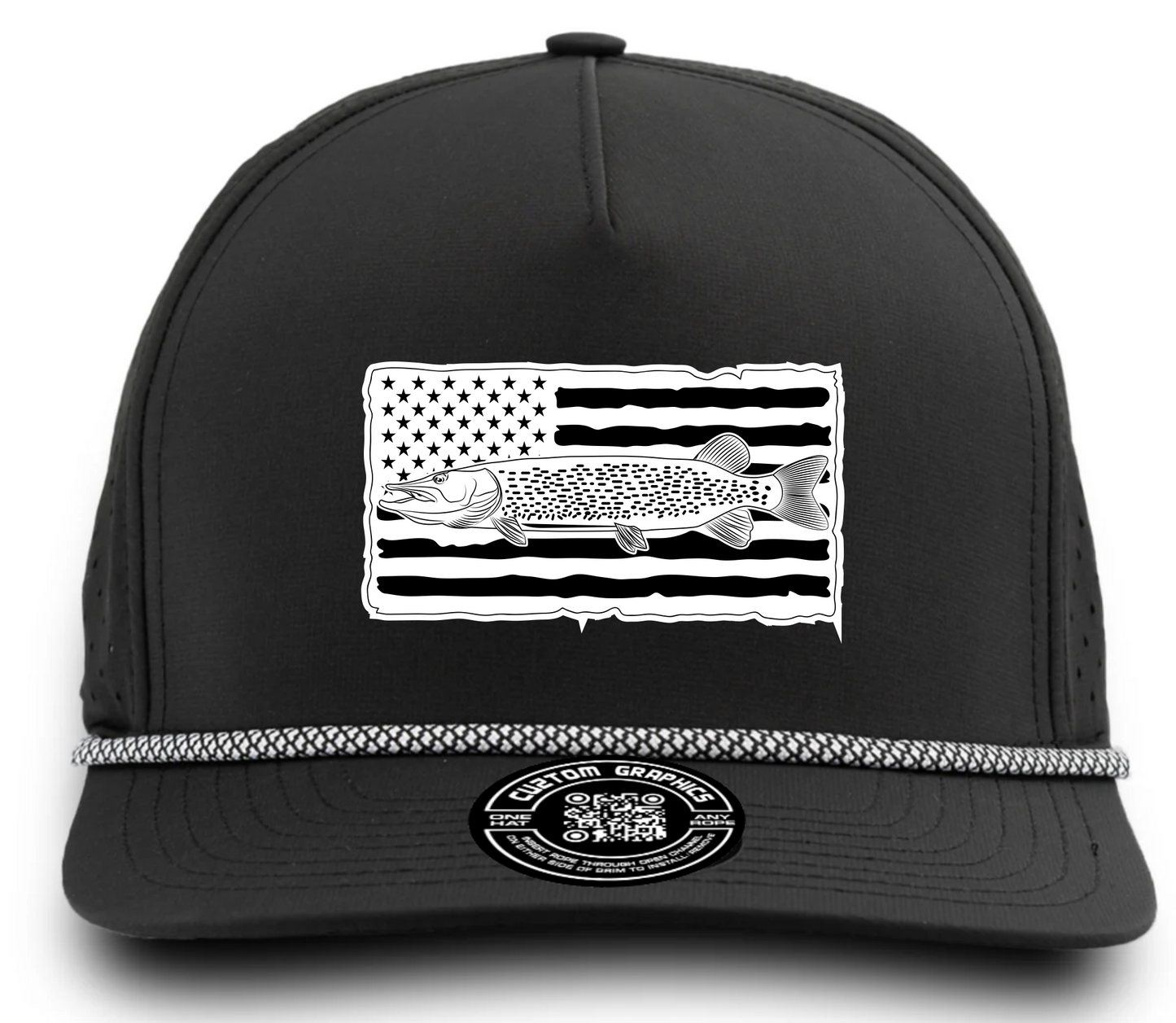 Black custom hat by Cuztom Graphics featuring a pike fishing hat design with American flag and pike fish graphic