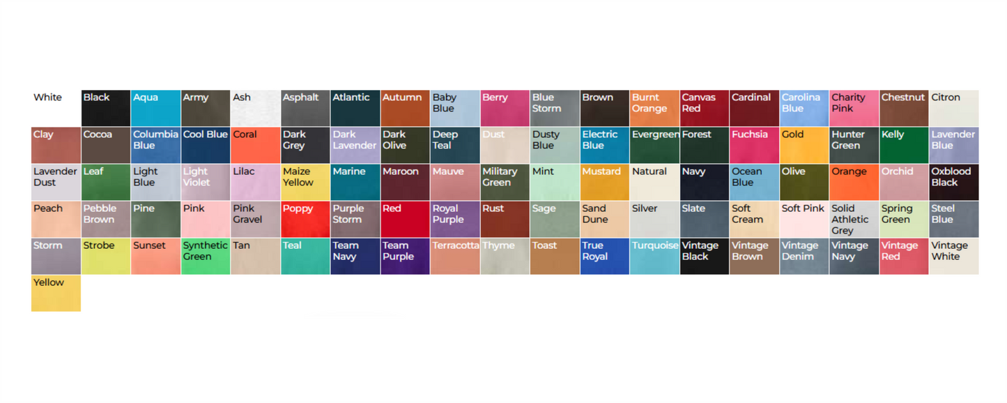 Color swatches chart showcasing various colors available for custom t-shirt printing bundle by Cuztom Graphics