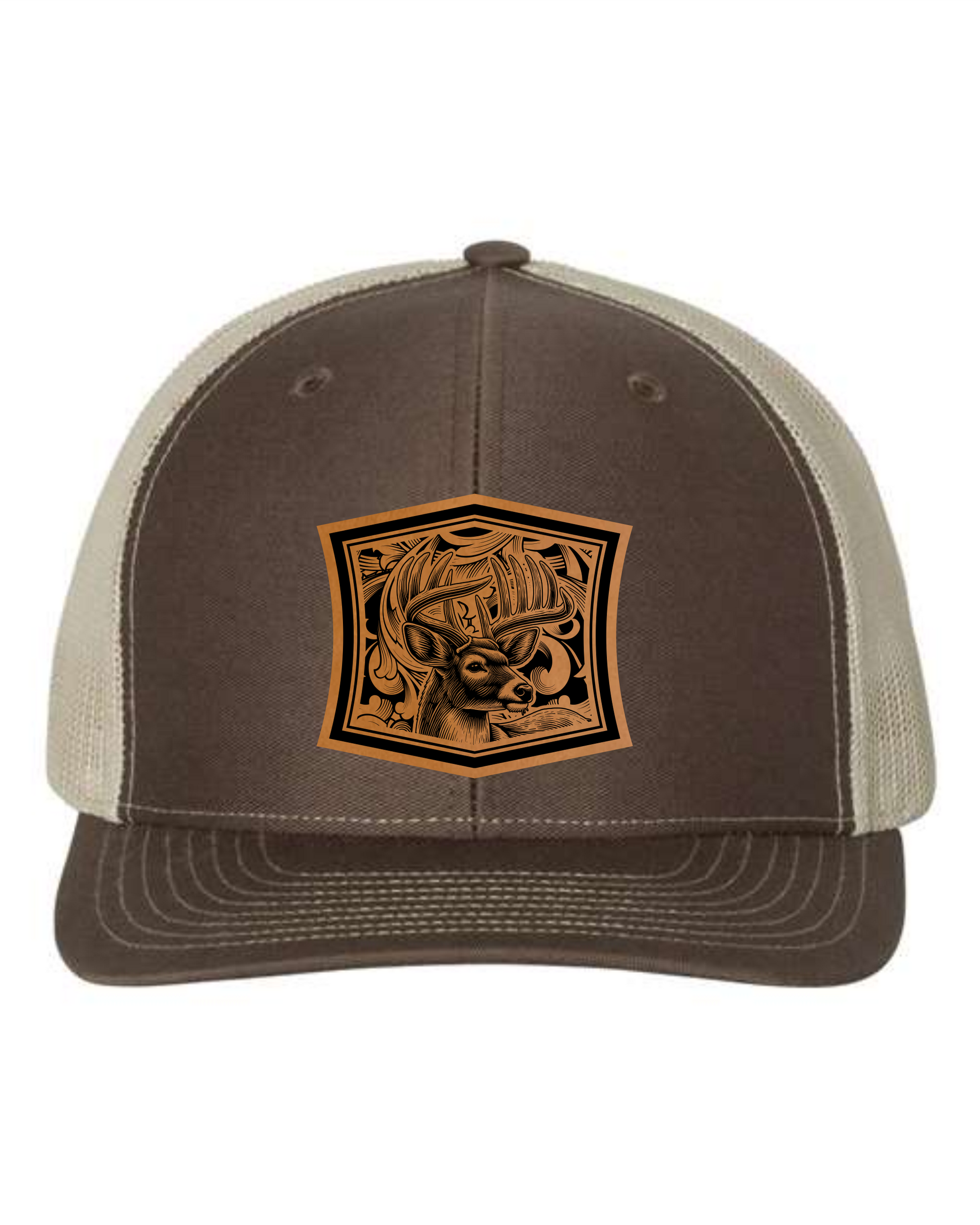 Cuztom Graphics deer hunting trucker hat in brown with beige mesh and deer graphic patch