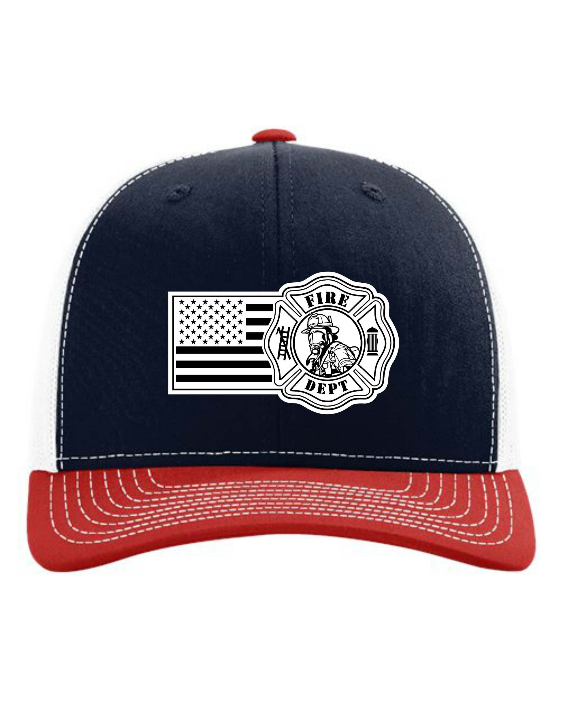 Cuztom Graphics firefighter trucker hat with black front, red bill, white mesh back, and fire department patch