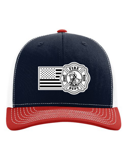 Cuztom Graphics firefighter trucker hat with black front, red bill, white mesh back, and fire department patch