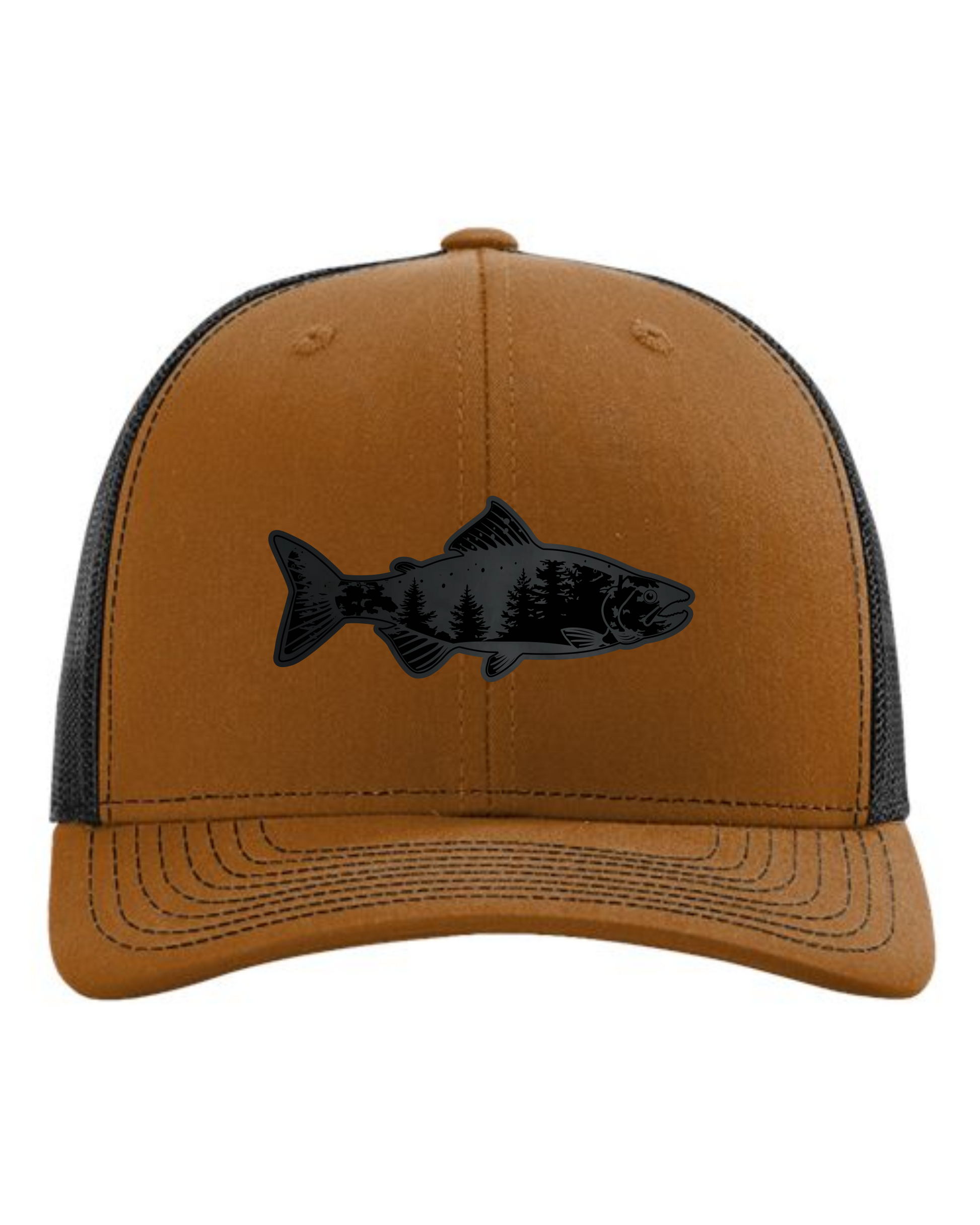 Cuztom Graphics brown and black fish patch trucker hat with black fish graphic and mesh back