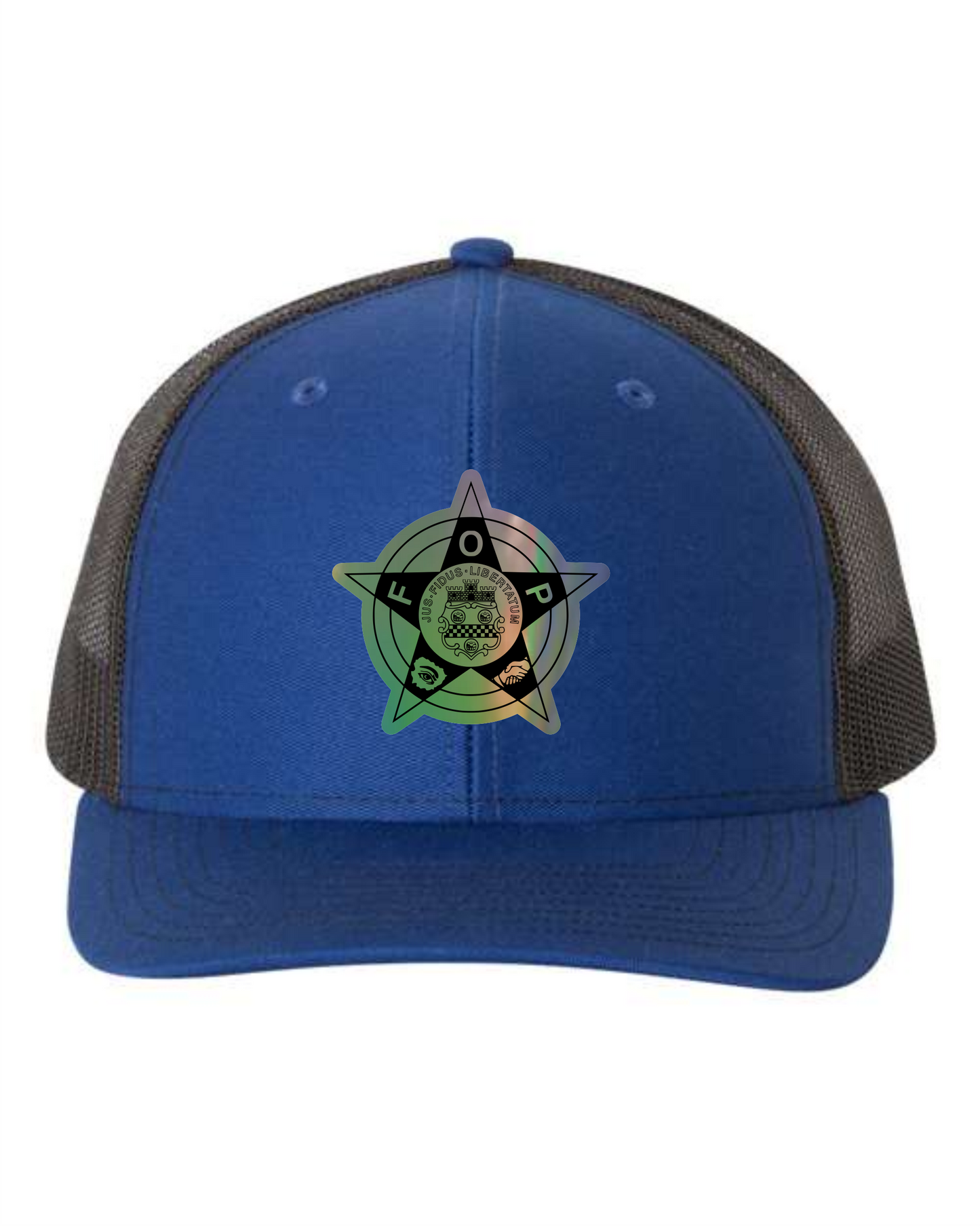 Blue and black mesh custom FOP hat by Cuztom Graphics with star emblem on front