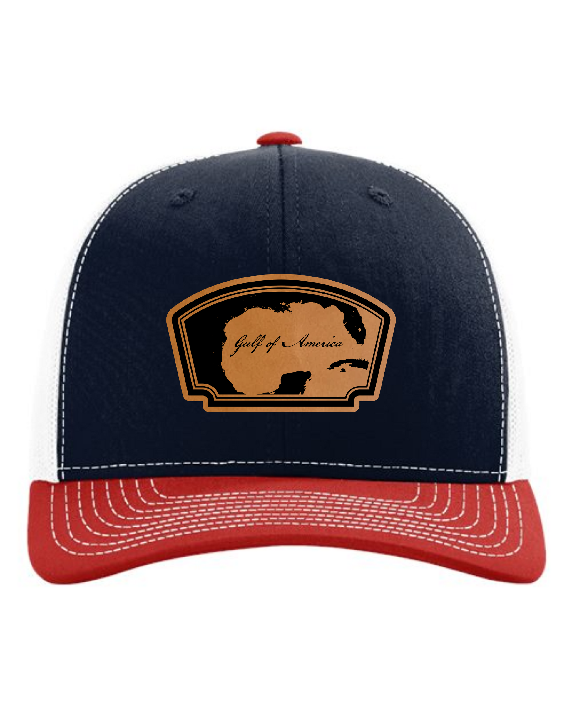 Cuztom Graphics Gulf of America hat with navy blue crown white mesh back and red curved brim