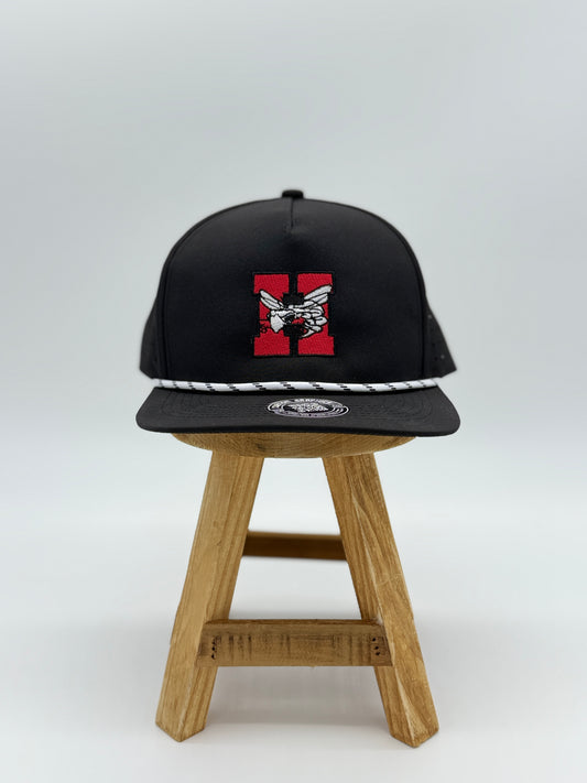 Hilldale H snapback hat by Cuztom Graphics in black with red H logo and white rope detail on brim
