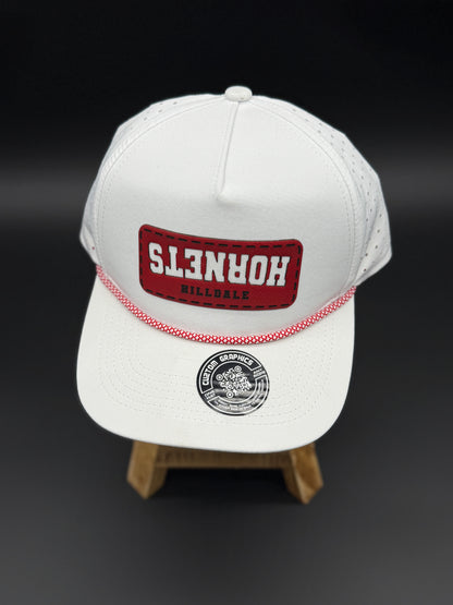 White Hornets snapback hat by Cuztom Graphics with red stitched patch and red cord detail