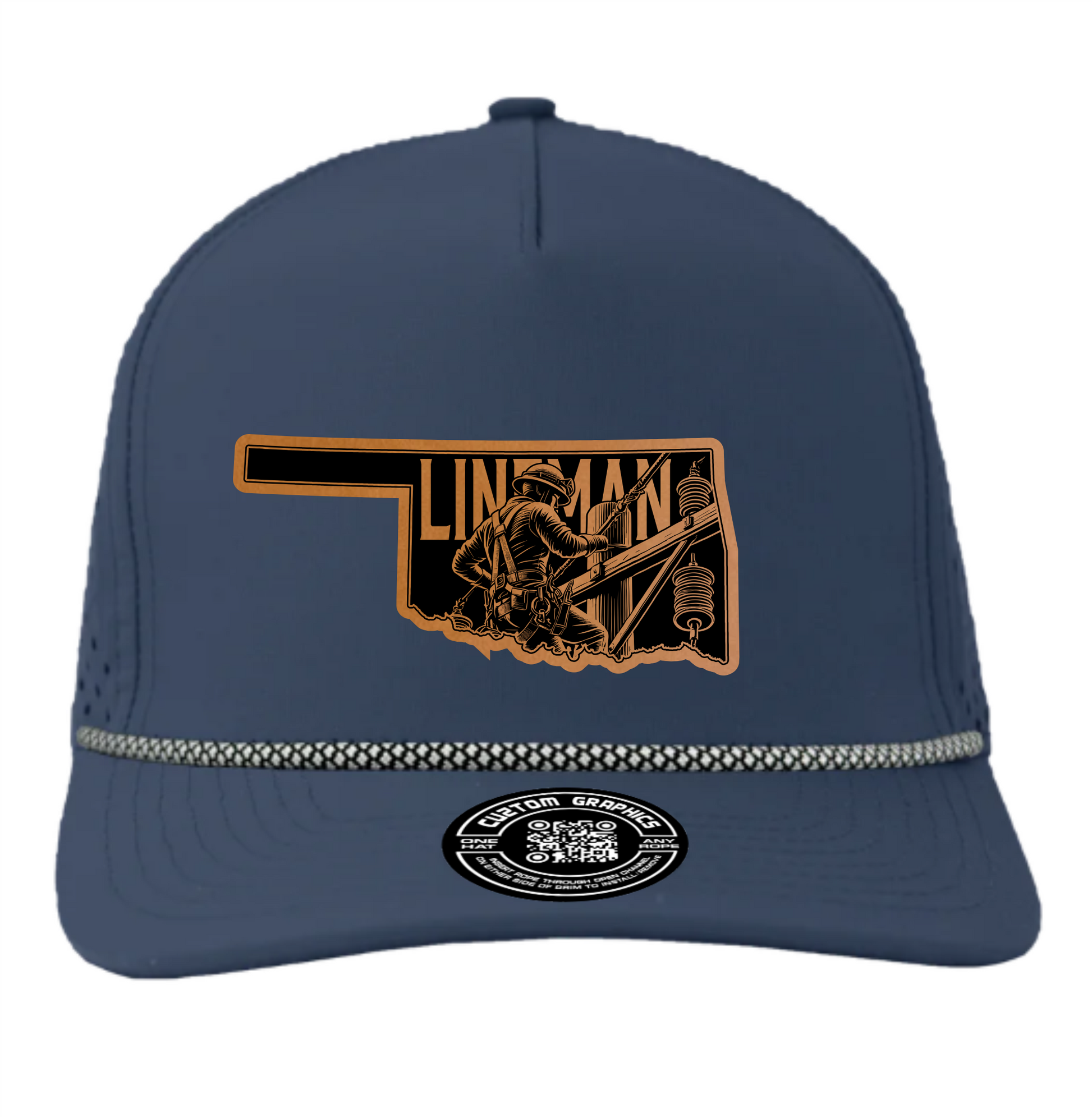 Navy blue lineman trucker hat Oklahoma with custom graphic embroidery from Cuztom Graphics