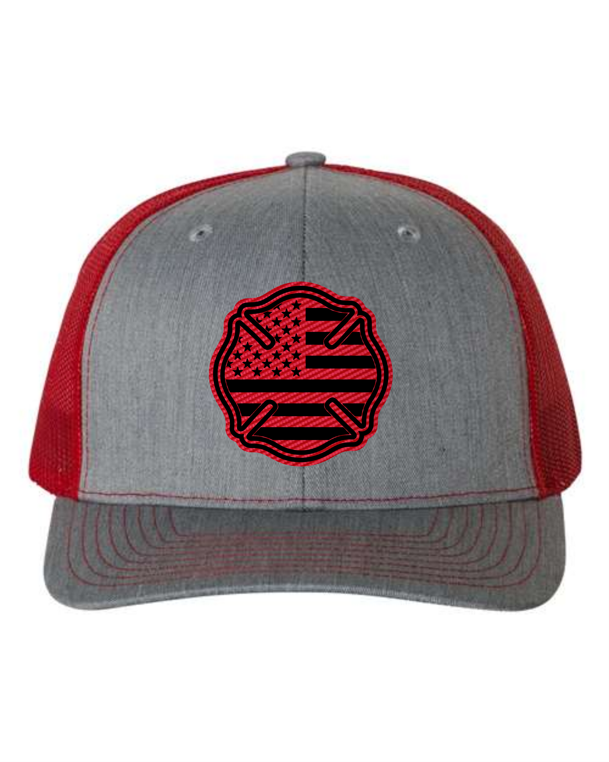 Cuztom Graphics custom hat with red mesh and gray front featuring Maltese cross American flag hat design