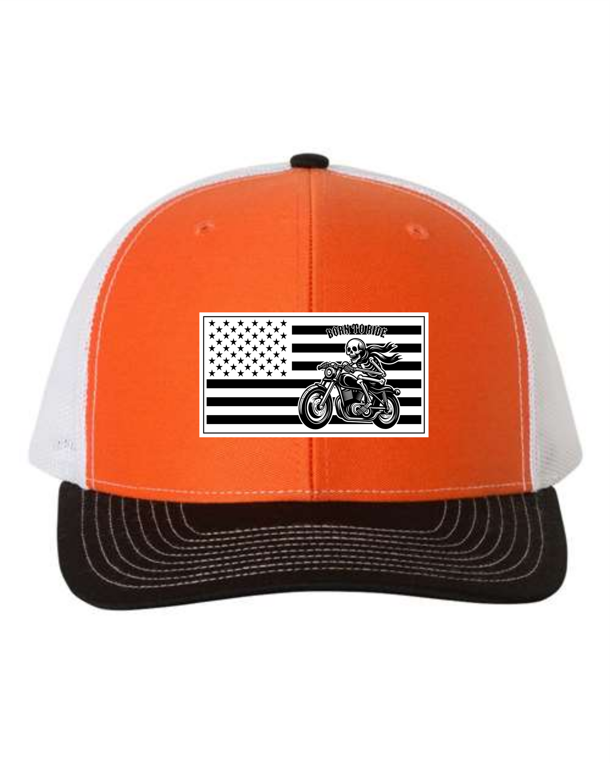 Cuztom Graphics motorcycle patriotic trucker hat with orange front and black white American flag design