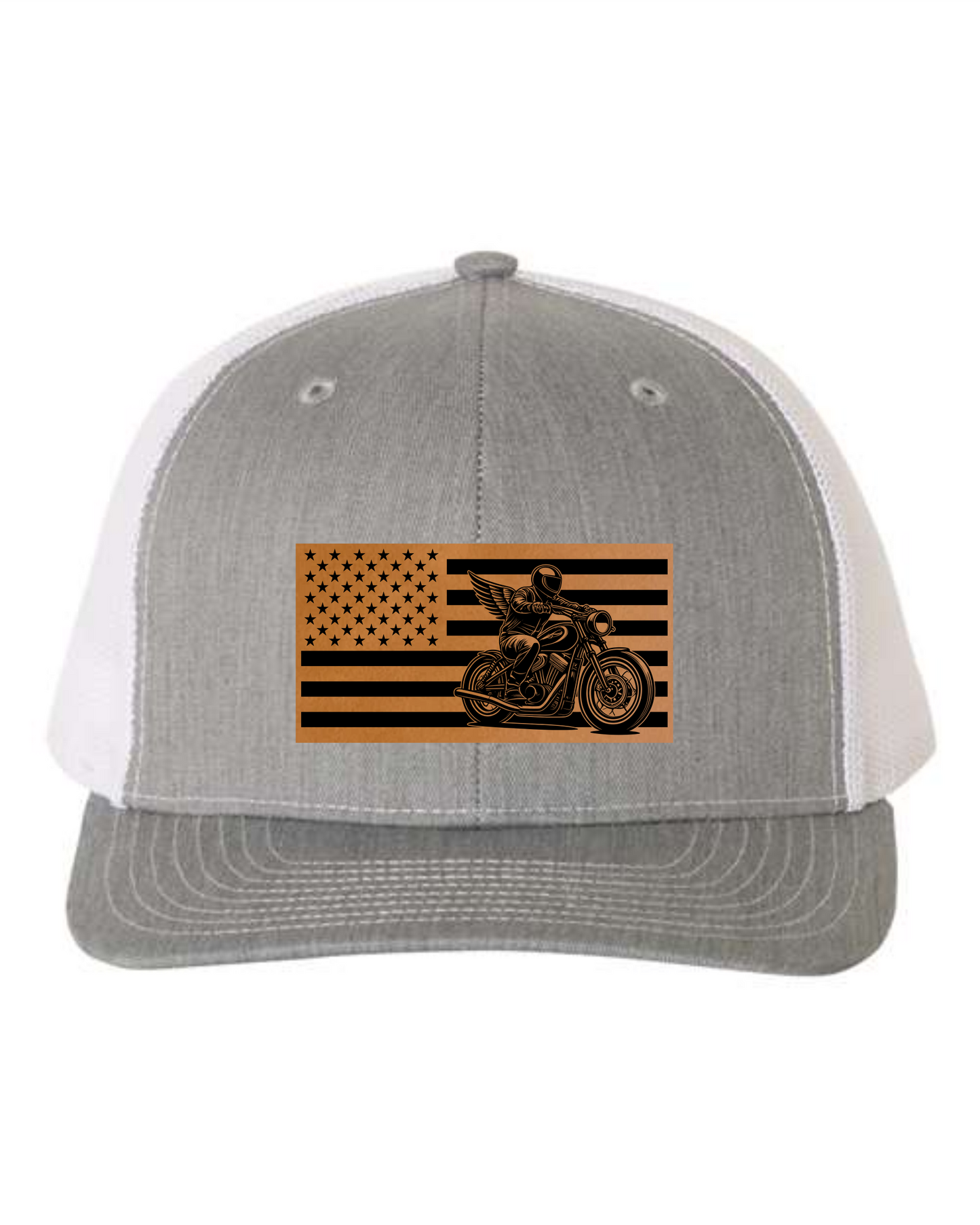 Cuztom Graphics gray and white custom hats featuring a patriotic biker cap design with American flag and motorcycle