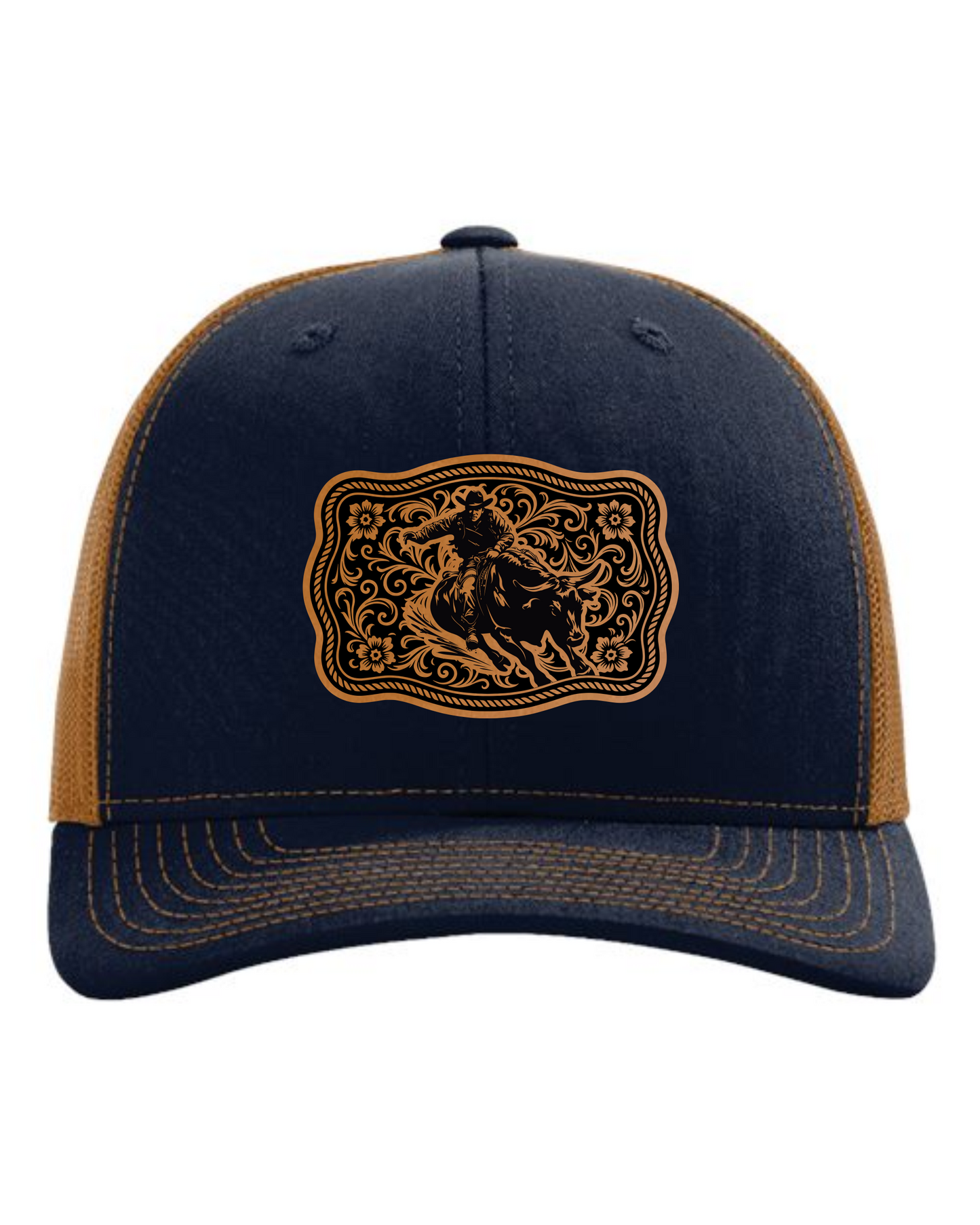 Cuztom Graphics rodeo trucker hat in navy and brown with cowboy riding horse design