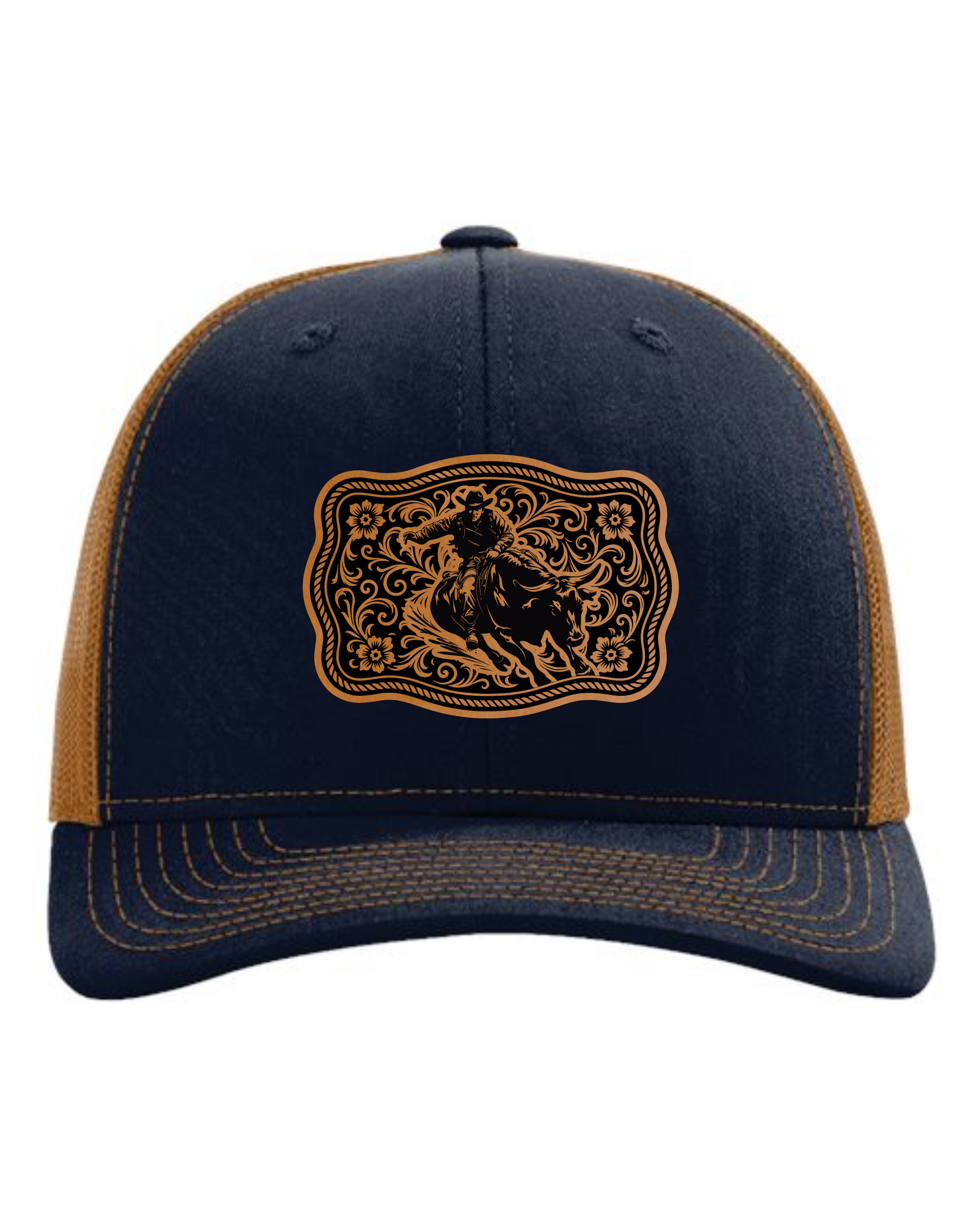 Cuztom Graphics rodeo trucker hat in navy and brown with cowboy riding horse design