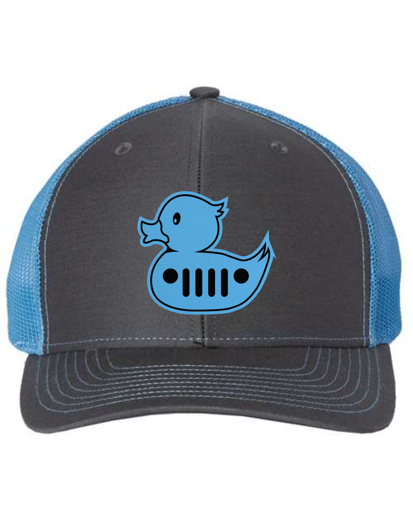 Custom Cuztom Graphics rubber ducky trucker hat in black and blue with a blue rubber ducky design