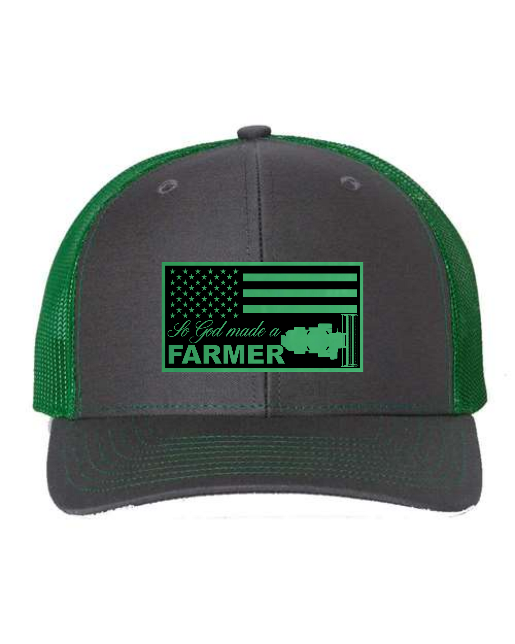 Cuztom Graphics green and gray custom trucker hat for farmers with patriotic design and tractor graphic