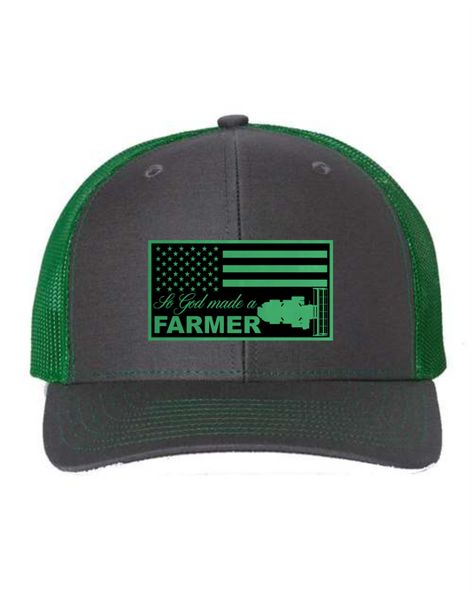 Cuztom Graphics green and gray custom trucker hat for farmers with patriotic design and tractor graphic