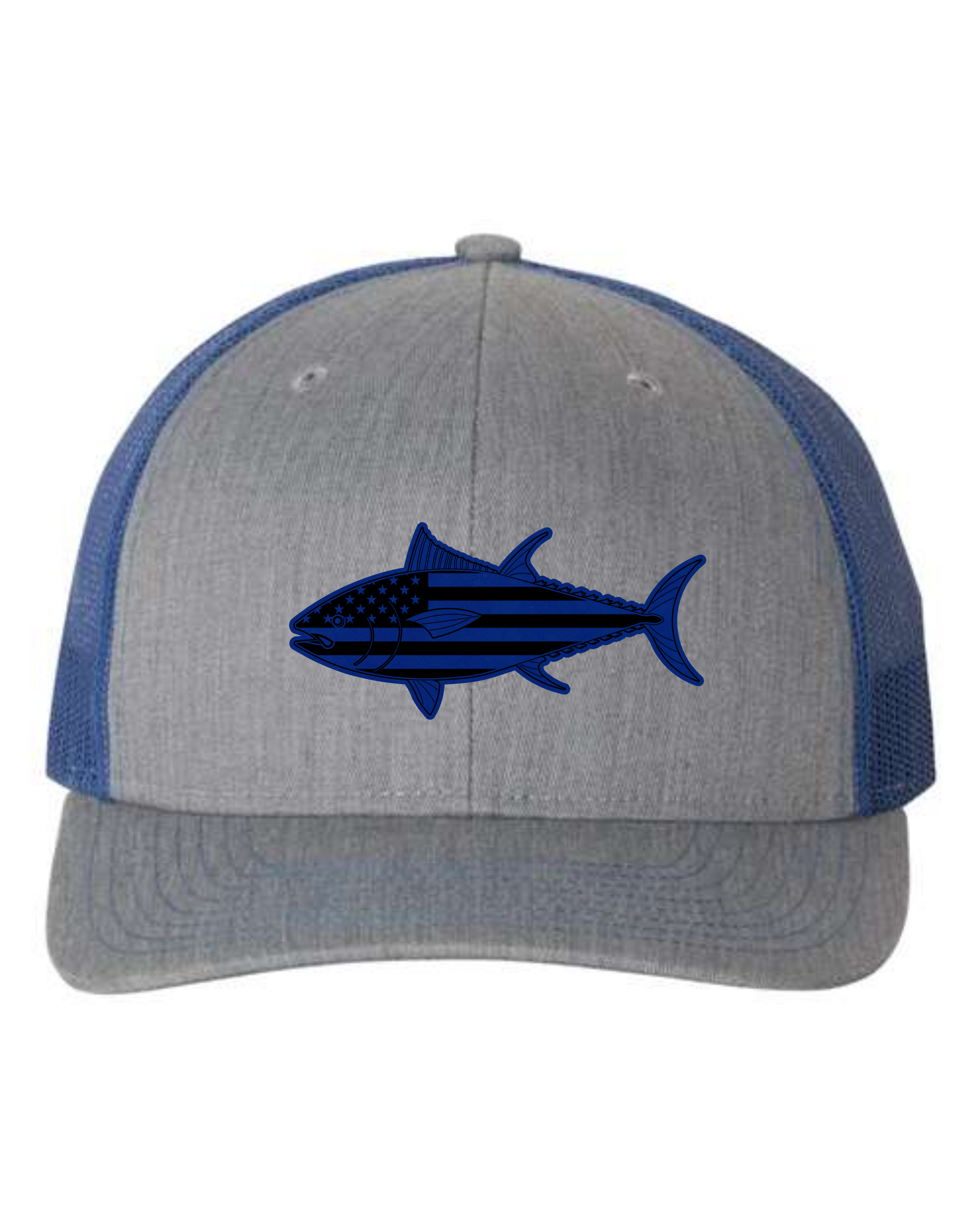 Gray and blue custom tuna fishing hat with fish design and mesh back by Cuztom Graphics