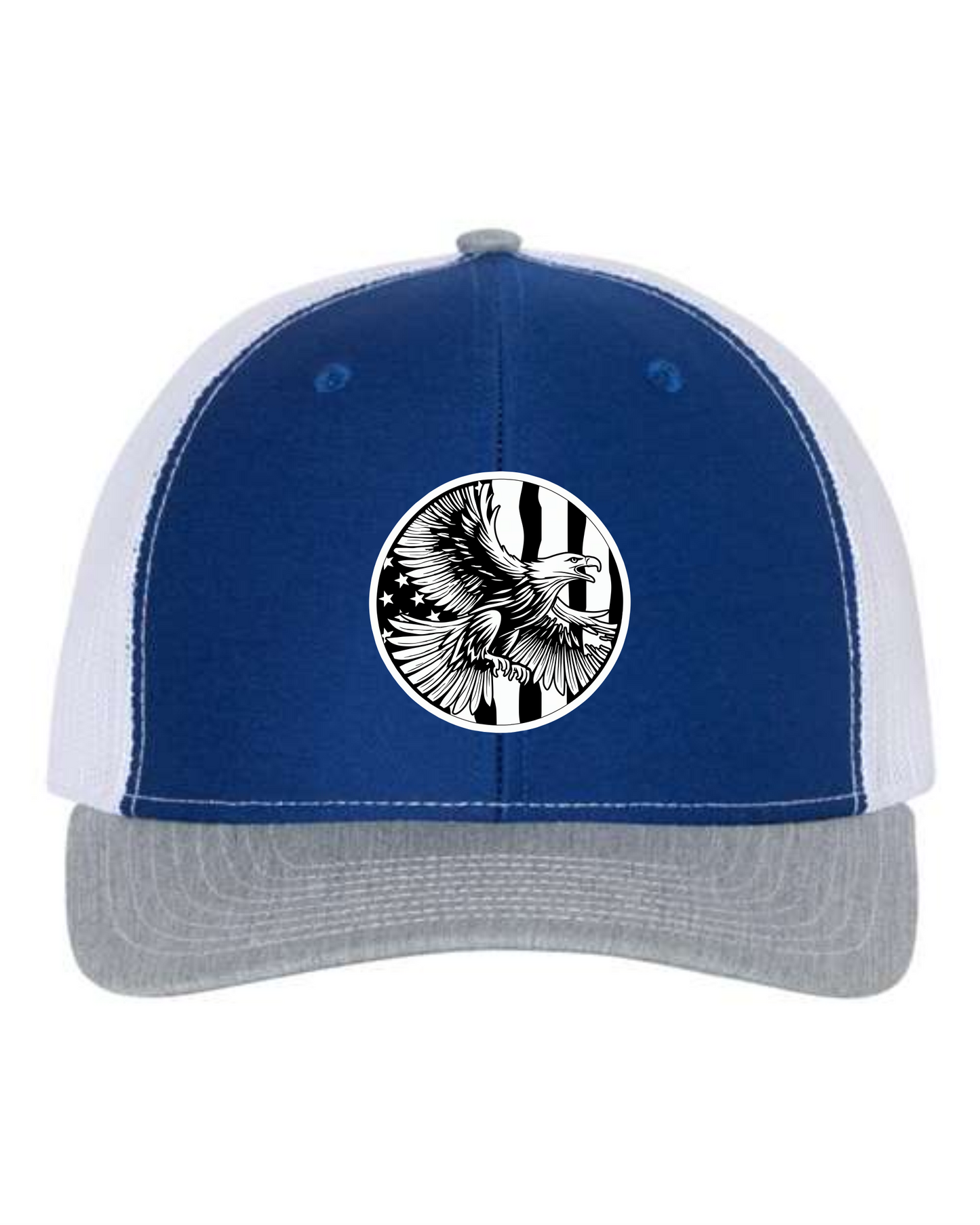 Cuztom Graphics USA eagle baseball hat with blue front, white mesh back, and gray brim