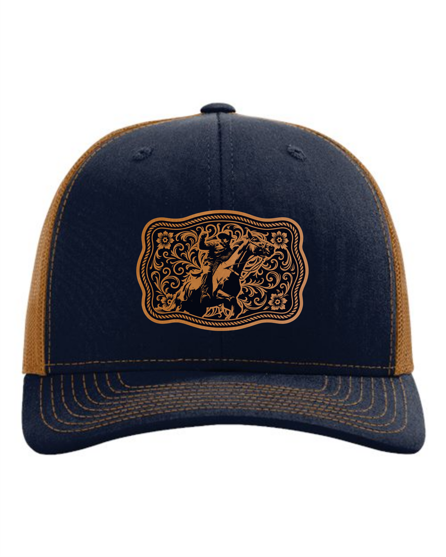 Custom western trucker cap by Cuztom Graphics with black front and brown mesh sides featuring a rodeo bull rider design